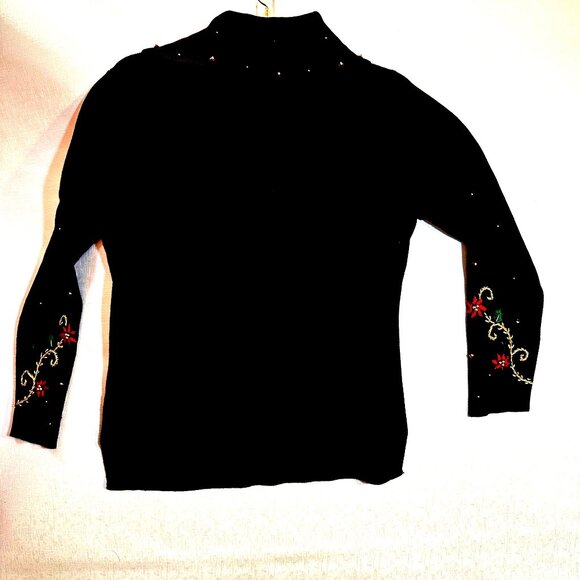 Vintage Kikit Black Christmas Sweater Red Poinsettia Embroidery Beaded Accents H - Picture 7 of 8